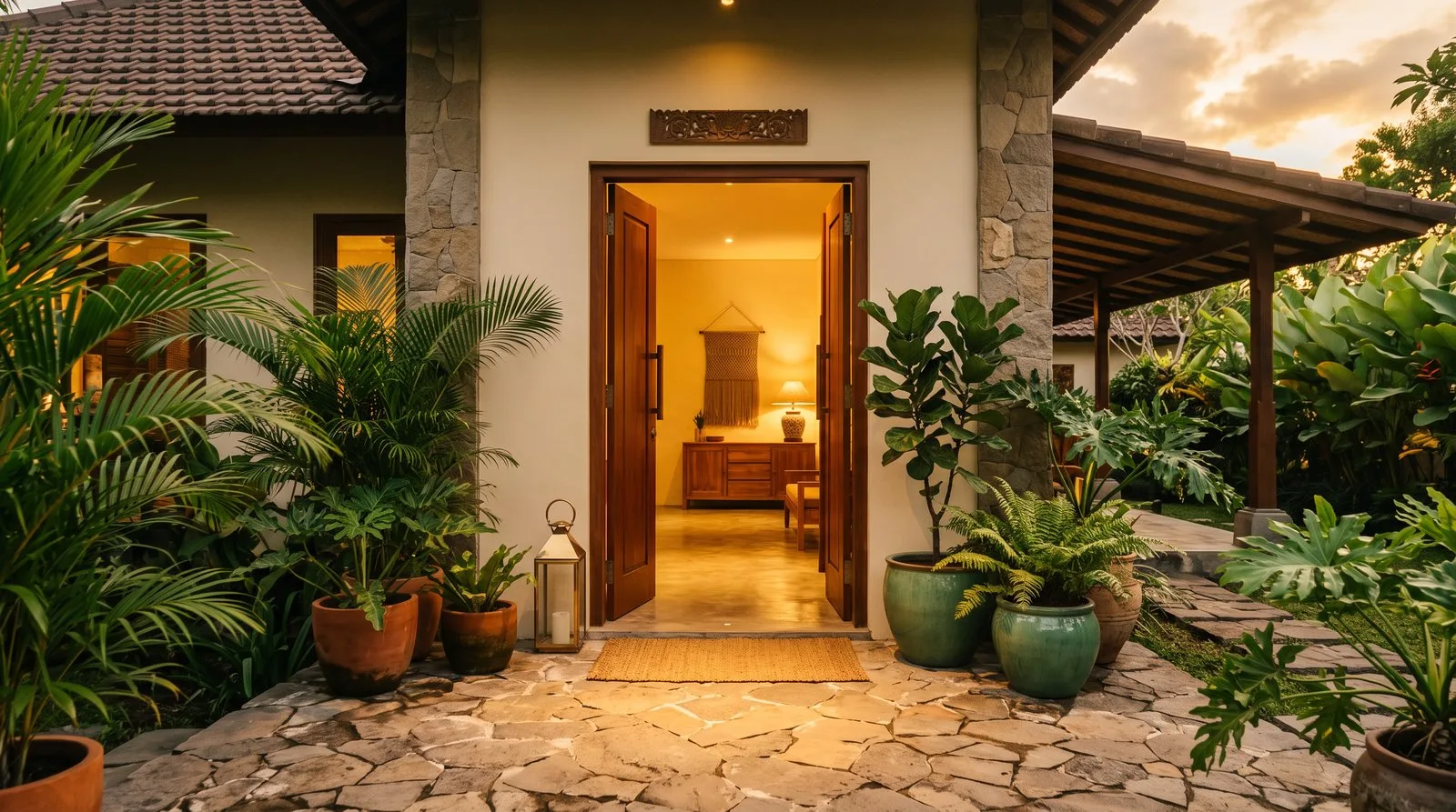 Ambang pintu rumah Indonesia terbuka saat golden hour — undangan untuk melangkah masuk