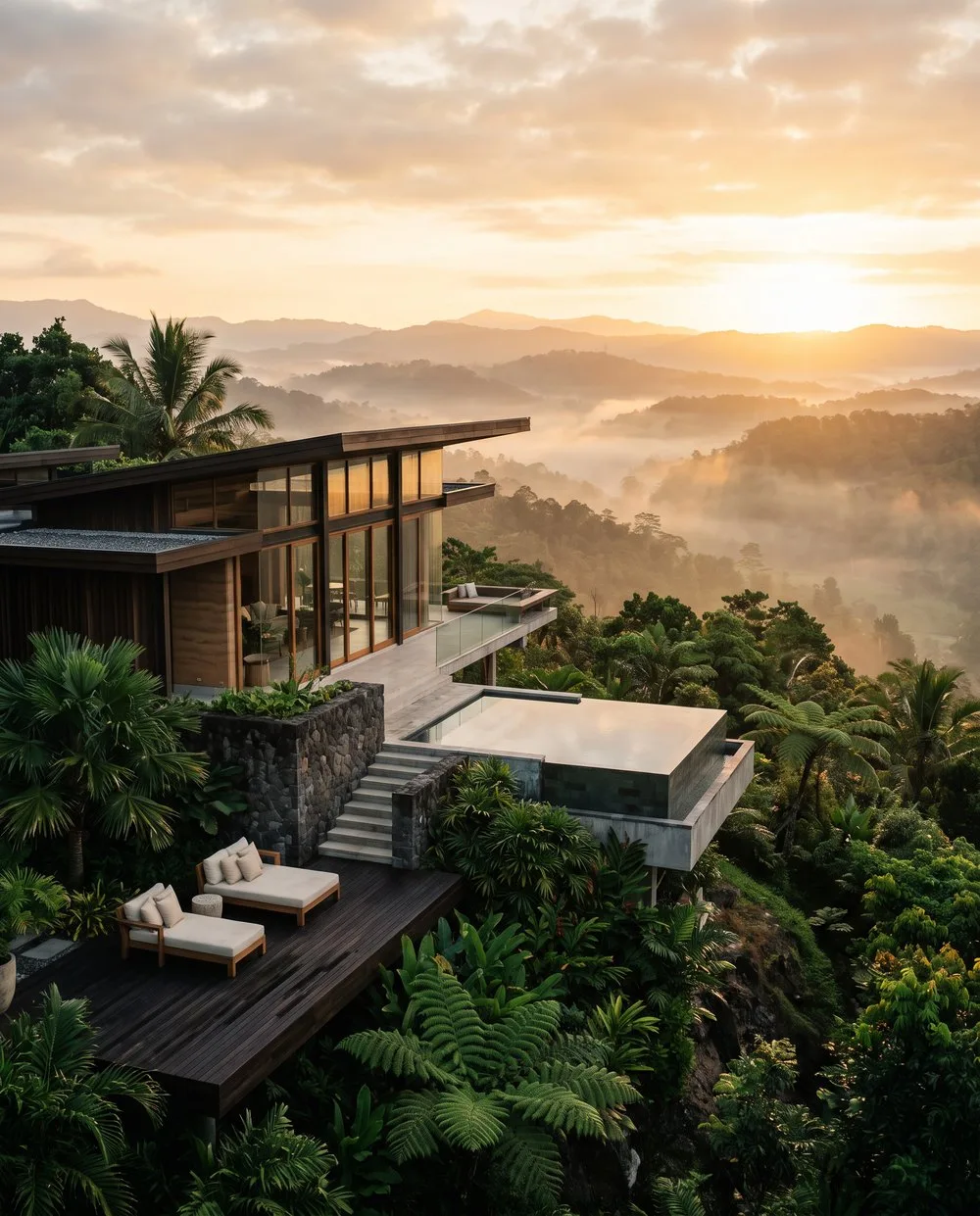 Vila modern di lereng bukit saat fajar keemasan — masa depan agen properti cerdas