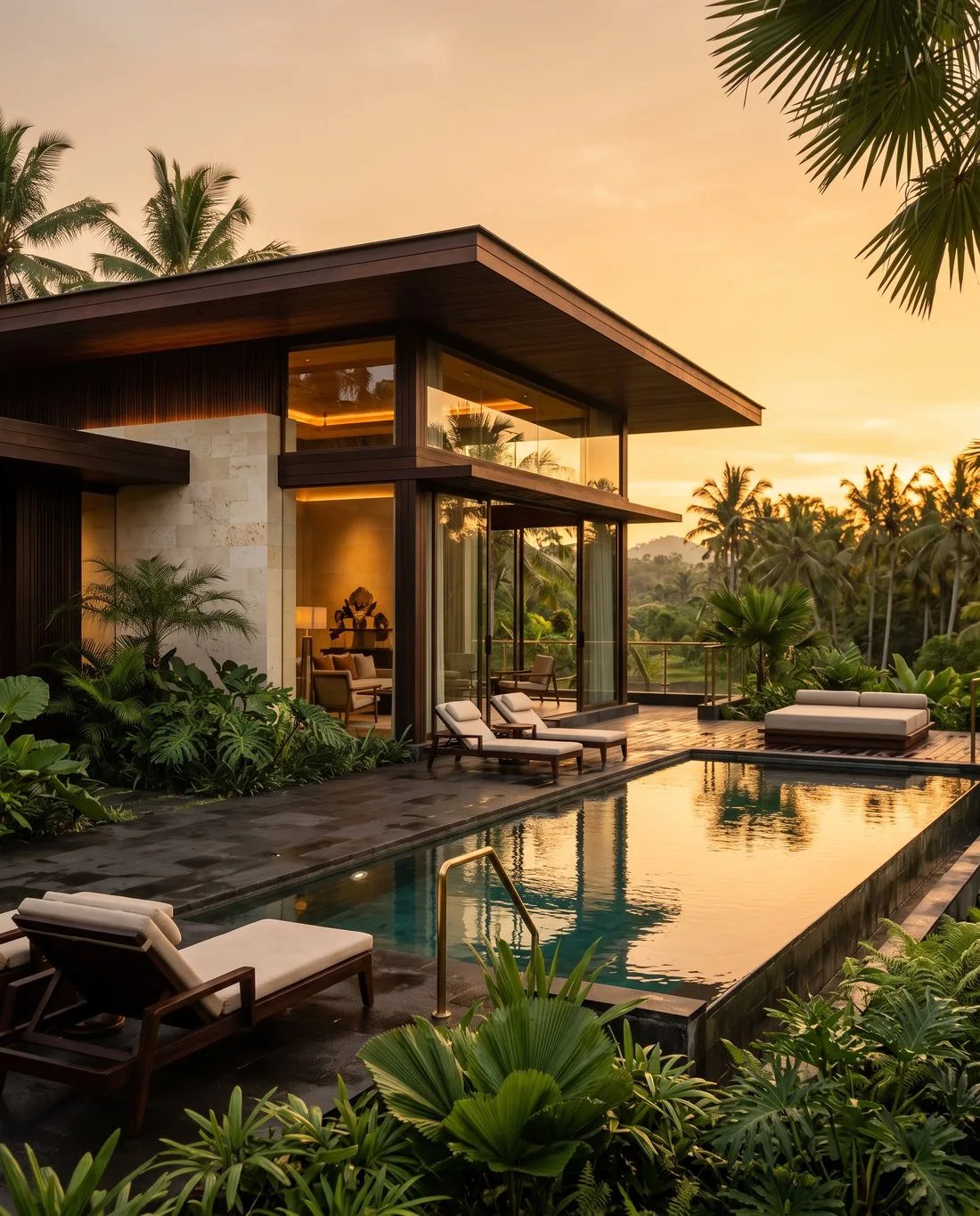 Vila properti premium di Indonesia saat golden hour — kehadiran yang membangun kepercayaan